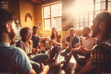 A group of people are sitting in a circle and laughing. Scene is happy and friendlyの素材