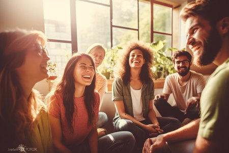 A group of people are sitting in a circle and laughing. Scene is happy and friendlyの素材