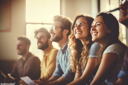 A group of people are sitting in a circle and laughing. Scene is happy and friendlyの素材