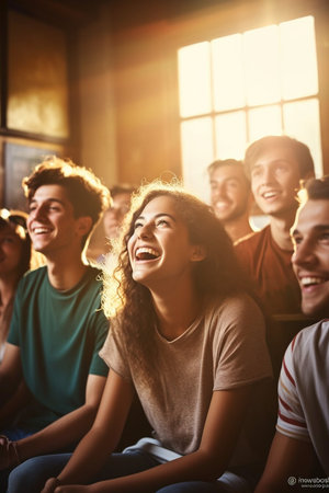 A group of people are sitting in a circle and laughing. Scene is happy and friendlyの素材