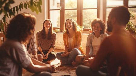 A group of people are sitting in a circle and laughing. Scene is happy and friendlyの素材