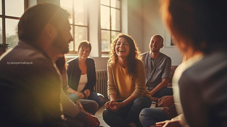 A group of people are sitting in a circle and laughing. Scene is happy and friendlyの素材
