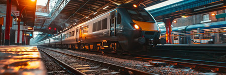 A train is moving down the tracks with the lights on. The train is yellow and blueの素材