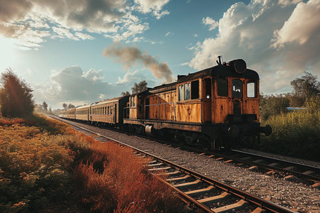 A train is moving down the tracks with the lights on. The train is yellow and blueの素材