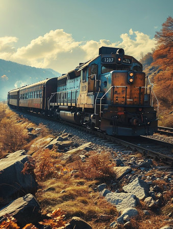 A train is moving down the tracks with the lights on. The train is yellow and blueの素材