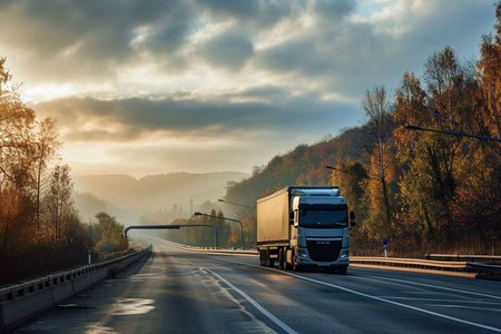 A large semi truck is driving down a road with a beautiful sunset in the background. The sky is filled with clouds, creating a moody atmosphere. The truck is the main focus of the imageの素材