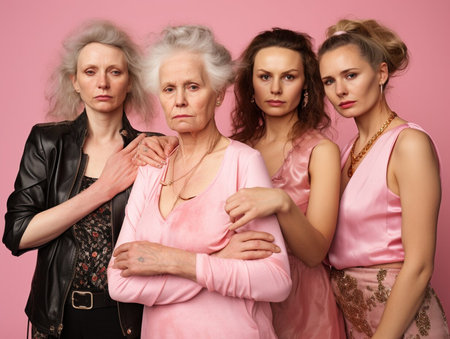 A group of women posing for a picture, one of whom is an older woman. The photo has a warm and friendly atmosphere, with the women embracing each other and smilingの素材
