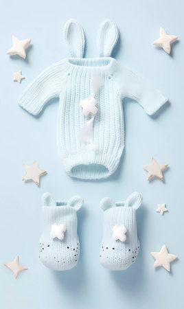 Cute blue baby newborn set of toys, baby wear and gifts. Childrens concept banner with copy space for textの素材