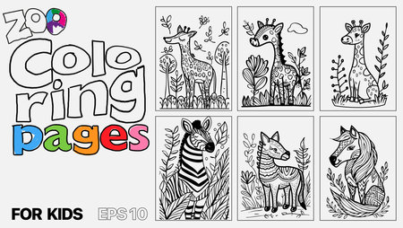 A set of six cat coloring pages for kids. The pages feature different types of animals and are designed for children to color. Kindle. POD.のイラスト素材