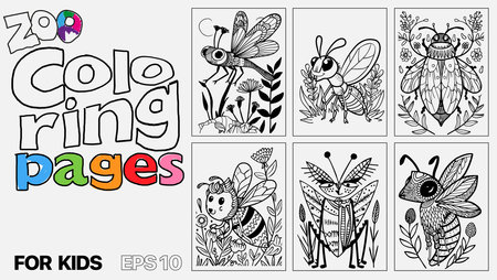 A set of six insect coloring pages for kids. The pages feature different types of insects, including bees, dragonflies, butterflies, and ladybugs. The pages are designed to be fun and entertaining for children.のイラスト素材