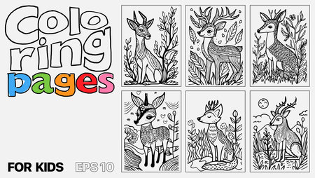 A set of six cat coloring pages for kids. The pages feature different types of animals and are designed for children to colorのイラスト素材