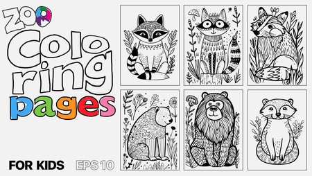 A set of six cat coloring pages for kids. The pages feature different types of animals and are designed for children to color. Kindle. POD.のイラスト素材