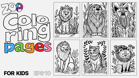 A set of six cat coloring pages for kids. The pages feature different types of animals and are designed for children to color. Kindle. POD.のイラスト素材