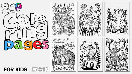 A set of six cat coloring pages for kids. The pages feature different types of animals and are designed for children to color. Kindle. POD.のイラスト素材