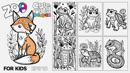 A set of six cat coloring pages for kids. The pages feature different types of reptiles and are designed for children to color. Kindle. POD.のイラスト素材