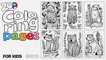 A set of six cat coloring pages for kids. The pages feature different types of animals and are designed for children to color. Kindle. POD.のイラスト素材