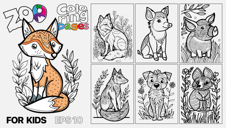 A set of six cat coloring pages for kids. The pages feature different types of animals and are designed for children to color. Kindle. POD.のイラスト素材