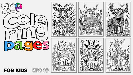 A set of six cat coloring pages for kids. The pages feature different types of animals and are designed for children to color. Kindle. POD.のイラスト素材