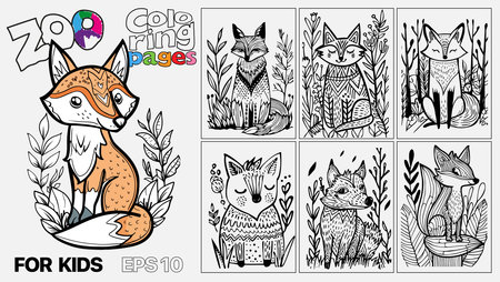 A set of six cat coloring pages for kids. The pages feature different types of animals and are designed for children to color. Kindle. POD.のイラスト素材