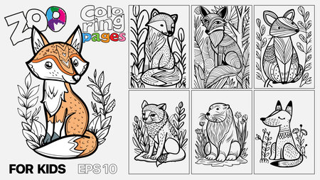 A set of six cat coloring pages for kids. The pages feature different types of animals and are designed for children to color. Kindle. POD.のイラスト素材