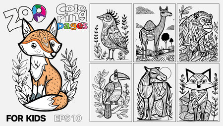 A set of six cat coloring pages for kids. The pages feature different types of animals and are designed for children to color. Kindle. POD.のイラスト素材