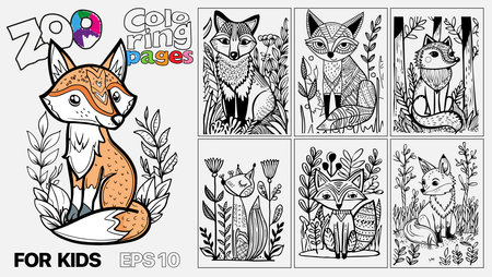 A set of six cat coloring pages for kids. The pages feature different types of animals and are designed for children to color. Kindle. POD.のイラスト素材