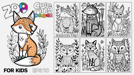 A set of six cat coloring pages for kids. The pages feature different types of animals and are designed for children to color. Kindle. POD.のイラスト素材
