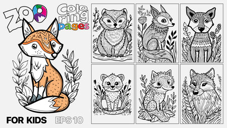 A set of six cat coloring pages for kids. The pages feature different types of animals and are designed for children to color. Kindle. POD.のイラスト素材