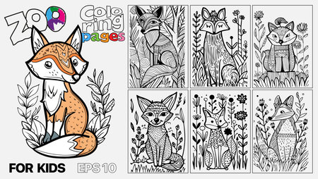 A set of six cat coloring pages for kids. The pages feature different types of animals and are designed for children to color. Kindle. POD.のイラスト素材