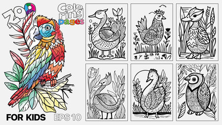 A book of childrens coloring pages featuring birds. The pages are designed for kids and come in a set of six. Kindle print.のイラスト素材