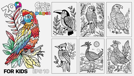 A book of childrens coloring pages featuring birds. The pages are designed for kids and come in a set of six. Kindle print.のイラスト素材