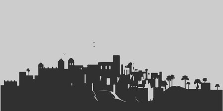 A city skyline with tall buildings and a church. Monochrome isolated vector cityscape.のイラスト素材