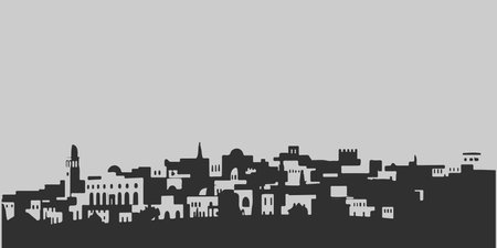 A city skyline with tall buildings and a church. Monochrome isolated vector cityscape.のイラスト素材