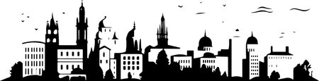 A city skyline with tall buildings and a church. Monochrome isolated vector cityscape.のイラスト素材