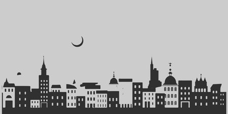 A city skyline with tall buildings and a church. Monochrome isolated vector cityscape.のイラスト素材