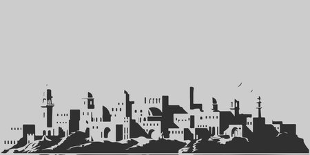 A city skyline with tall buildings and a church. Monochrome isolated vector cityscape.のイラスト素材