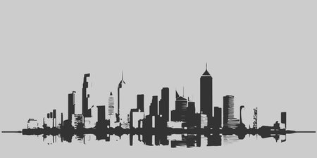 A city skyline with tall buildings and a church. Monochrome isolated vector cityscape.のイラスト素材