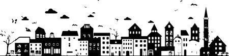 A city skyline with tall buildings and a church. Monochrome isolated vector cityscape.のイラスト素材