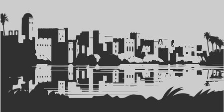 A city skyline with tall buildings and a church. Monochrome isolated vector cityscape.のイラスト素材