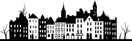 A city skyline with tall buildings and a church. Monochrome isolated vector cityscape.のイラスト素材