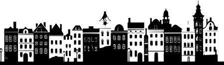 A city skyline with tall buildings and a church. Monochrome isolated vector cityscape.のイラスト素材
