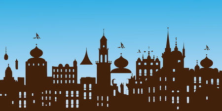 A city skyline with tall buildings and a church. Monochrome isolated vector cityscape.のイラスト素材