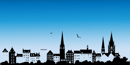 A city skyline with tall buildings and a church. Monochrome isolated vector cityscape.のイラスト素材