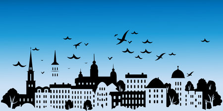 A city skyline with tall buildings and a church. Monochrome isolated vector cityscape.のイラスト素材