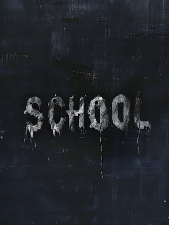 A chalkboard with the word "school" written on it. The chalkboard is black and has a chalk outline of the word schoolの素材
