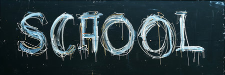 A chalkboard with the word "school" written on it. The chalkboard is black and has a chalk outline of the word schoolの素材