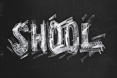A chalkboard with the word "school" written on it. The chalkboard is black and has a chalk outline of the word schoolの素材