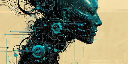 A face is shown in a blue and green color scheme. The image is a representation of a computer, AI, chip or a brain. Scene is futuristic and technologicalの素材