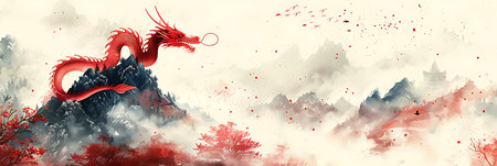 A dragon is standing on a mountain next to a red sun. The dragon is large and has a menacing look on its face. The mountain range in the background is covered in snow, giving the scene a sereneの素材