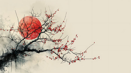 An illustration in Asian style of tree is on a rock in front of a red sunの素材